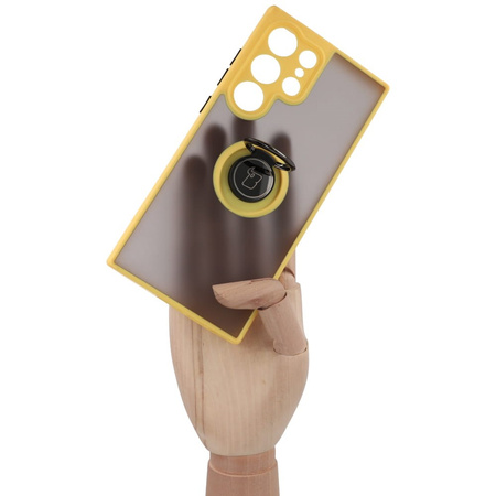Etui z uchwytem na palec Bizon Case Hybrid Ring do Galaxy S23 Ultra, przydymione z żółtą ramką