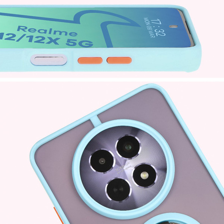 Etui z uchwytem na palec Bizon Case Hybrid Ring do Realme 12 / 12x, przydymione z jasnoniebieską ramką