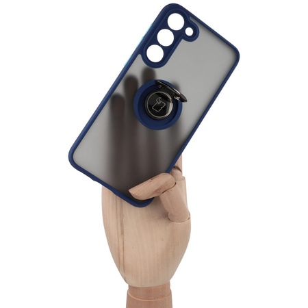 Etui z uchwytem na palec Bizon Case Hybrid Ring do Galaxy S23 Plus, przydymione z granatową ramką