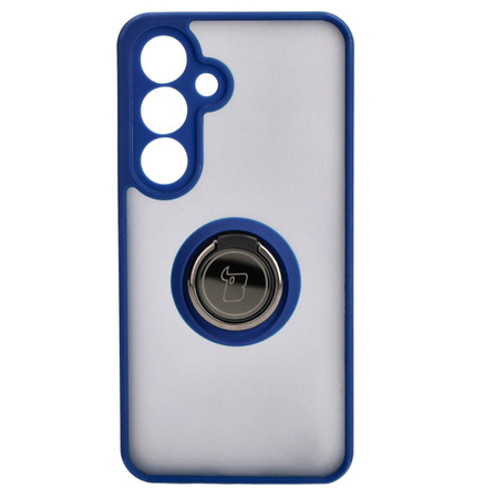 Etui z uchwytem na palec Bizon Case Hybrid Ring do Galaxy S25 / S24, przydymione z granatową ramką