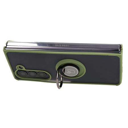 Etui z uchwytem na palec Bizon Case Hybrid Ring do Galaxy Z Fold5, przydymione z zieloną ramką