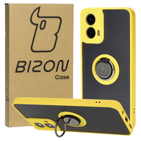 Etui z uchwytem na palec Bizon Case Hybrid Ring do Motorola Moto G34 5G, przydymione z żółtą ramką