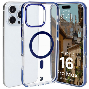 Etui z pierścieniem magnetycznym Bizon Case Marco do iPhone 16 Pro Max, przezroczyste z niebieską ramką