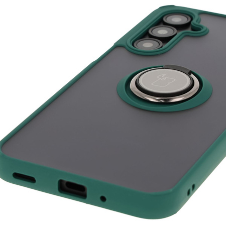 Etui z uchwytem na palec Bizon Case Hybrid Ring do Galaxy A16 4G/5G, przydymione z ciemnozieloną ramką