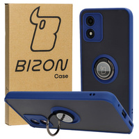 Etui z uchwytem na palec Bizon Case Hybrid Ring do Motorola Moto E13, przydymione z granatową ramką
