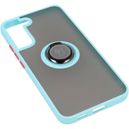 Etui z uchwytem na palec Bizon Case Hybrid Ring do Galaxy S22 Plus, przydymione z jasnoniebieską ramką