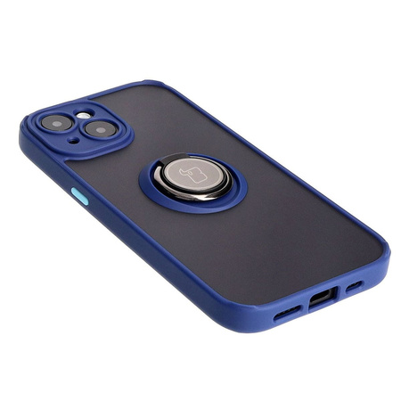 Etui z uchwytem na palec Bizon Case Hybrid Ring do iPhone 15, przydymione z granatową ramką