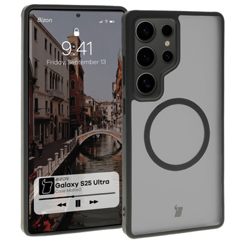 Etui z pierścieniem magnetycznym Bizon Case MatteO do Galaxy S25 Ultra, półprzezroczyste z czarną ramką