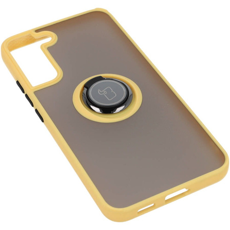 Etui z uchwytem na palec Bizon Case Hybrid Ring do Galaxy S22 Plus, przydymione z żółtą ramką