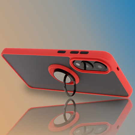 Etui z uchwytem na palec Bizon Case Hybrid Ring do Galaxy S25 Edge, przydymione z czerwoną ramką