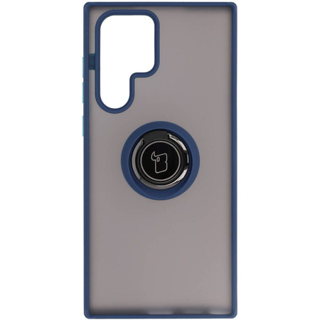 Etui z uchwytem na palec Bizon Case Hybrid Ring do Galaxy S22 Ultra, przydymione z granatową ramką