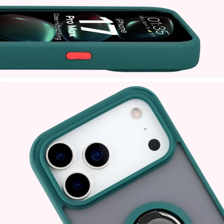 Etui z uchwytem na palec Bizon Case Hybrid Ring do iPhone 17 Pro Max, przydymione z ciemnozieloną ramką