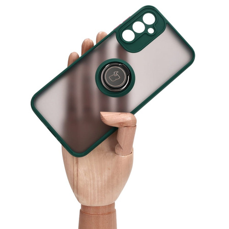 Etui z uchwytem na palec Bizon Case Hybrid Ring do Galaxy A14 4G / 5G, przydymione z ciemnozieloną ramką