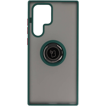 Etui z uchwytem na palec Bizon Case Hybrid Ring do Galaxy S22 Ultra, przydymione z ciemnozieloną ramką