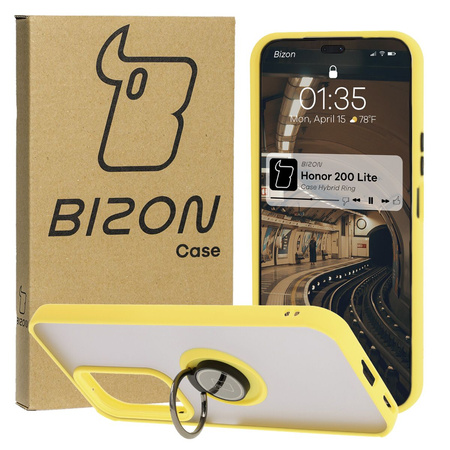 Etui z uchwytem na palec Bizon Case Hybrid Ring do Honor 200 Lite, przydymione z żółtą ramką