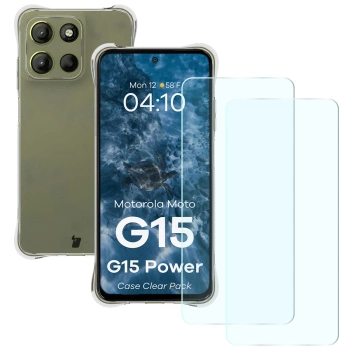 Elastyczne etui + 2x szkło hartowane Bizon Case Clear Pack do Motorola Moto G15 / G15 Power