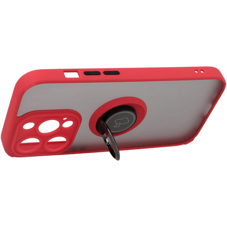 Etui z uchwytem na palec Bizon Case Hybrid Ring do iPhone 14 Pro, przydymione z czerwoną ramką