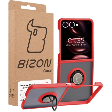 Etui z uchwytem na palec Bizon Case Hybrid Ring do Galaxy Z Flip7, przydymione z czerwoną ramką