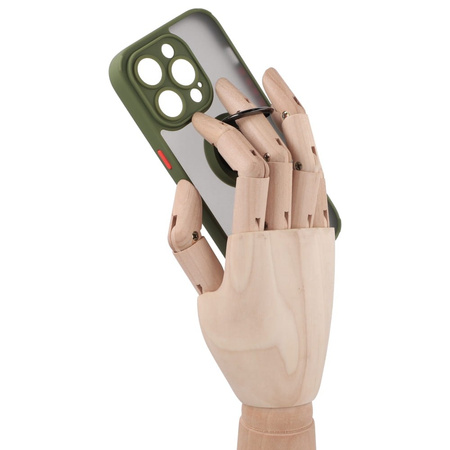 Etui z uchwytem na palec Bizon Case Hybrid Ring do iPhone 14 Pro, przydymione z zieloną ramką