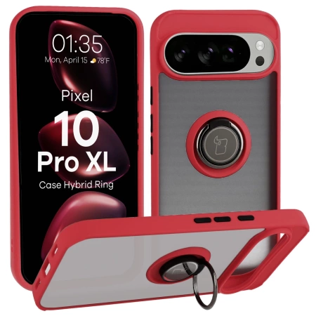 Etui z uchwytem na palec Bizon Case Hybrid Ring do Google Pixel 10 Pro XL, przydymione z czerwoną ramką