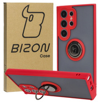 Etui z uchwytem na palec Bizon Case Hybrid Ring do Galaxy S24 Ultra, przydymione z czerwoną ramką