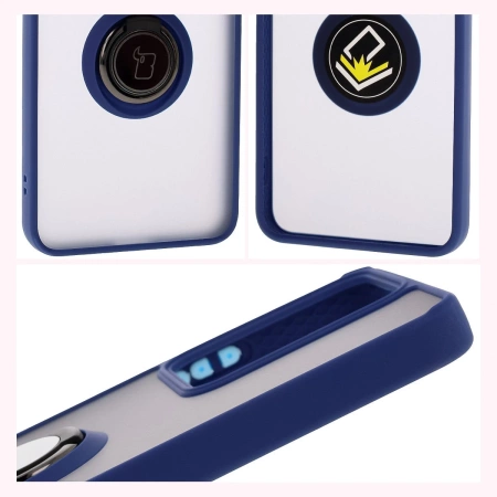 Etui z uchwytem na palec Bizon Case Hybrid Ring do Realme 14 5G / 14T 5G, przydymione z granatową ramką