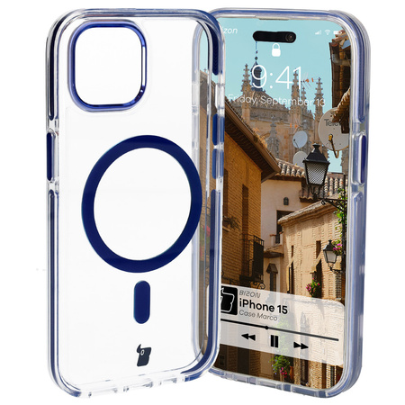 Etui z pierścieniem magnetycznym Bizon Case Marco do iPhone 15, przezroczyste z niebieską ramką