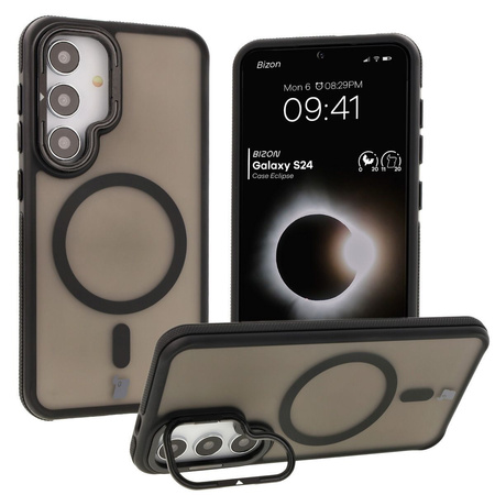 Etui z podstawką i pierścieniem magnetycznym Bizon Case Eclipse do Galaxy S24, przydymione z czarną ramką