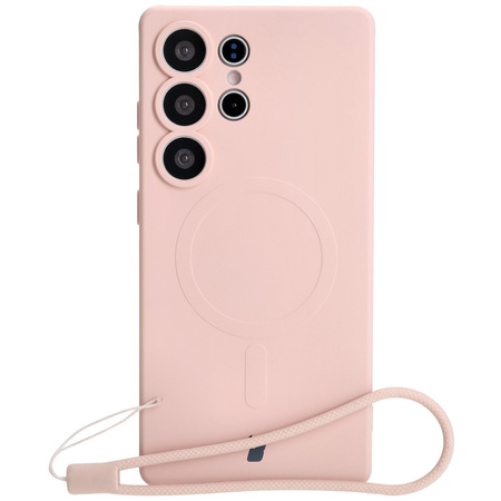 Silikonowe etui z pierścieniem magnetycznym Bizon Case Silicone Magnetic do Galaxy S25 Ultra, jasnoróżowe