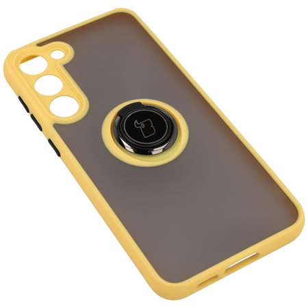 Etui z uchwytem na palec Bizon Case Hybrid Ring do Galaxy S23 Plus, przydymione z żółtą ramką