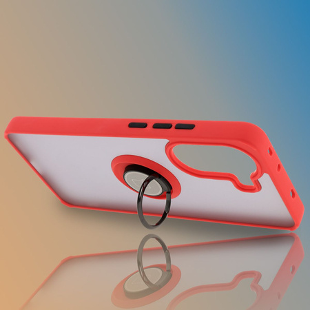 Etui z uchwytem na palec Bizon Case Hybrid Ring do Xiaomi Poco X7 Pro, przydymione z czerwoną ramką