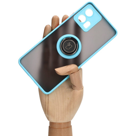 Etui z uchwytem na palec Bizon Case Hybrid Ring do Motorola Edge 30 Fusion, przydymione z jasnoniebieską ramką