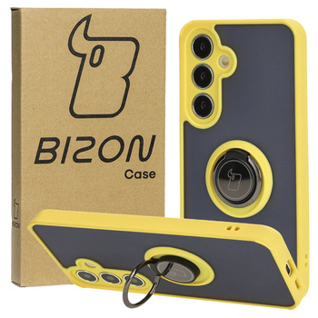 Etui z uchwytem na palec Bizon Case Hybrid Ring do Galaxy S25 / S24, przydymione z żółtą ramką