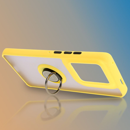 Etui z uchwytem na palec Bizon Case Hybrid Ring do Motorola Edge 50 Ultra, przydymione z żółtą ramką