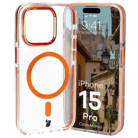 Etui z pierścieniem magnetycznym Bizon Case Marco do iPhone 15 Pro, przezroczyste z pomarańczową ramką