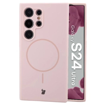 Silikonowe etui z pierścieniem magnetycznym Bizon Soft Case Magnetic do Galaxy S24 Ultra, jasnoróżowe