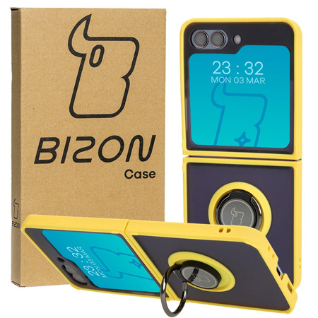 Etui z uchwytem na palec Bizon Case Hybrid Ring do Galaxy Z Flip5, przydymione z żółtą ramką