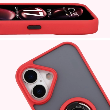 Etui z uchwytem na palec Bizon Case Hybrid Ring do iPhone 17, przydymione z czerwoną ramką