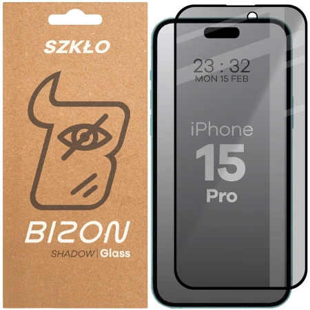 Prywatyzujące szkło hartowane Bizon Glass Edge Shadow do iPhone 15 Pro, przyciemniane z czarną ramką