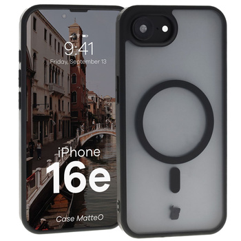 Etui z pierścieniem magnetycznym Bizon Case MatteO do iPhone 16e, półprzezroczyste z czarną ramką