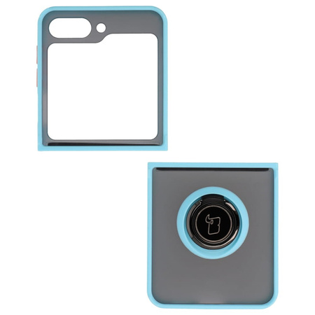 Etui z uchwytem na palec Bizon Case Hybrid Ring do Galaxy Z Flip5, przydymione z jasnoniebieską ramką