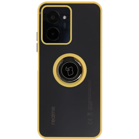 Etui z uchwytem na palec Bizon Case Hybrid Ring do Realme C33 / C30 / Narzo 50i Prime, przydymione z żółtą ramką