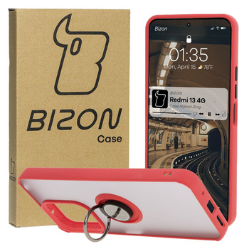 Etui z uchwytem na palec Bizon Case Hybrid Ring do Xiaomi Redmi 13 4G, przydymione z czerwoną ramką