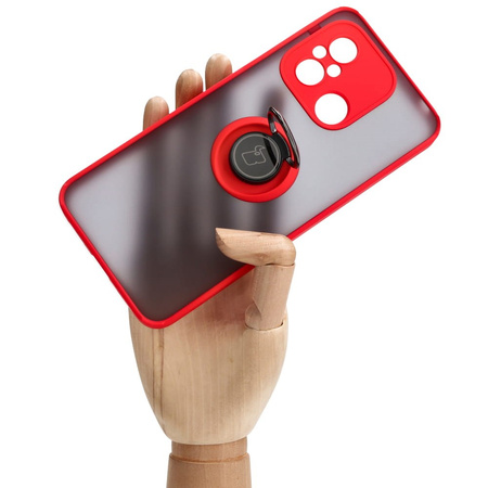Etui z uchwytem na palec Bizon Case Hybrid Ring do Xiaomi Redmi 12C, przydymione z czerwoną ramką