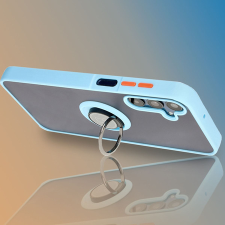 Etui z uchwytem na palec Bizon Case Hybrid Ring do Galaxy M15 5G, przydymione z jasnoniebieską ramką