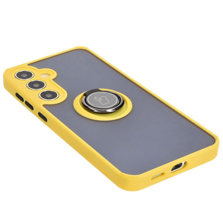Etui z uchwytem na palec Bizon Case Hybrid Ring do Galaxy S25 Plus / S24 Plus, przydymione z żółtą ramką