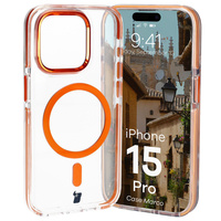 Etui z pierścieniem magnetycznym Bizon Case Marco do iPhone 15 Pro, przezroczyste z pomarańczową ramką
