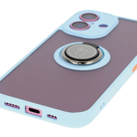 Etui z uchwytem na palec Bizon Case Hybrid Ring do iPhone 16, przydymione z jasnoniebieską ramką