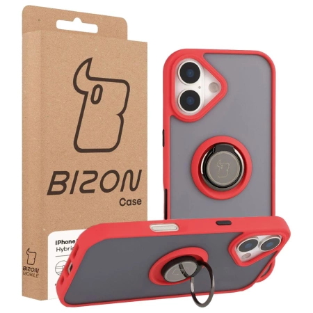 Etui z uchwytem na palec Bizon Case Hybrid Ring do iPhone 17, przydymione z czerwoną ramką