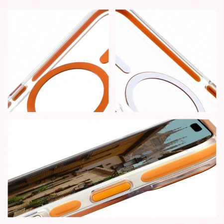 Etui z pierścieniem magnetycznym Bizon Case Marco do iPhone 17, przezroczyste z pomarańczową ramką